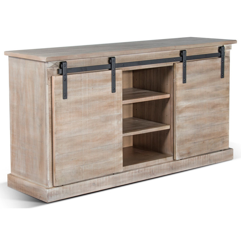 Console média Zena, 3 tablettes, 2 portes de grange, bois taupe, 65 pouces, Noir / taupe