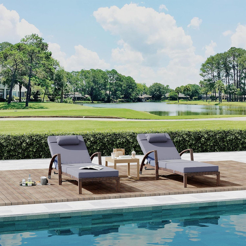 2 Piece Patio Lounge Chairs Set, Adjustable Wicker Chaise Loungers with Cushions & Pillows for Outdoor, Blue