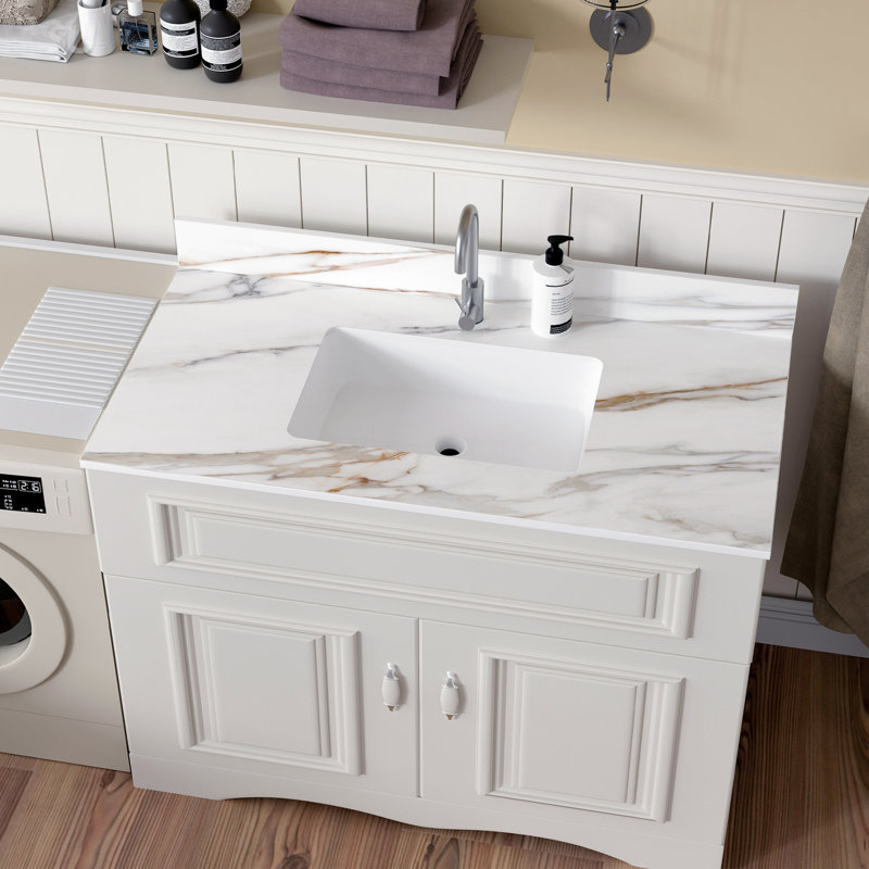 Dessus de meuble-lavabo en marbre blanc 43 po avec lavabo rectangulaire et dosseret, pré-percé pour l'installation du robinet