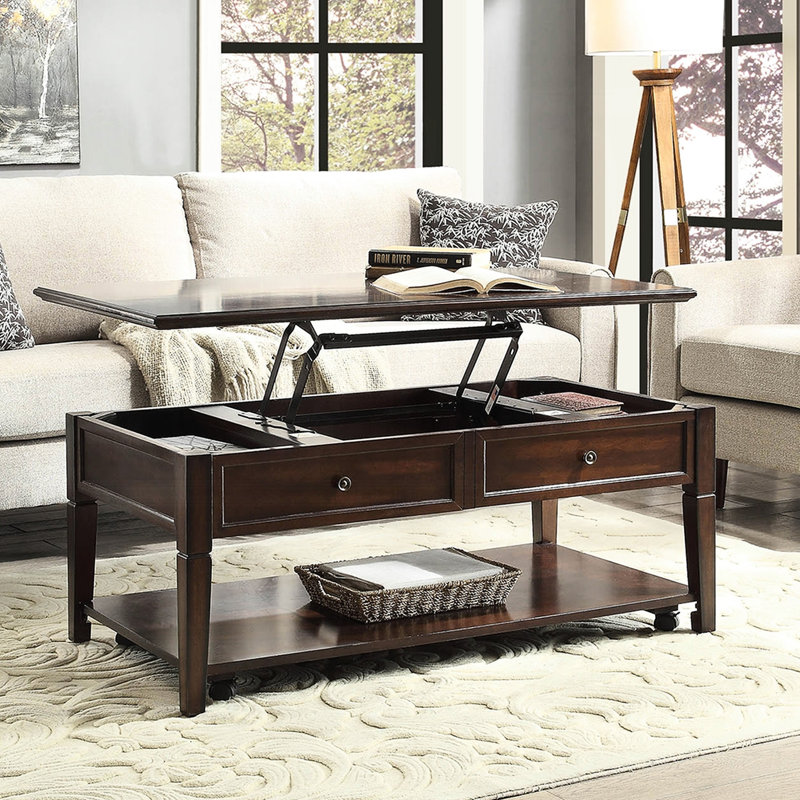 Table basse en noyer avec surface surélevée et rangement pour objets décoratifs