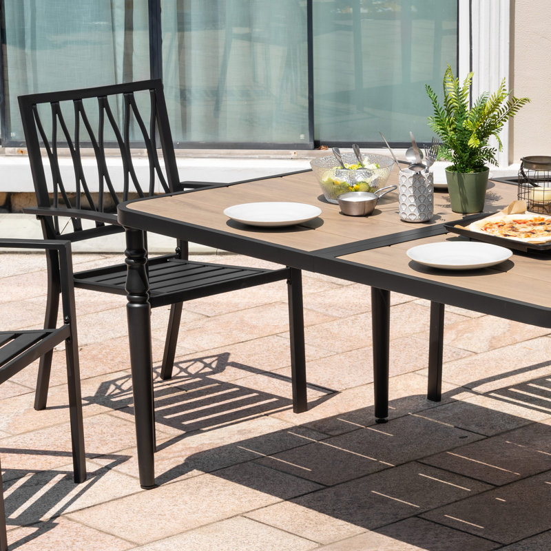 Patio Metal Dining Set With 6 Stackable Chairs And Umbrella Hole, Brown