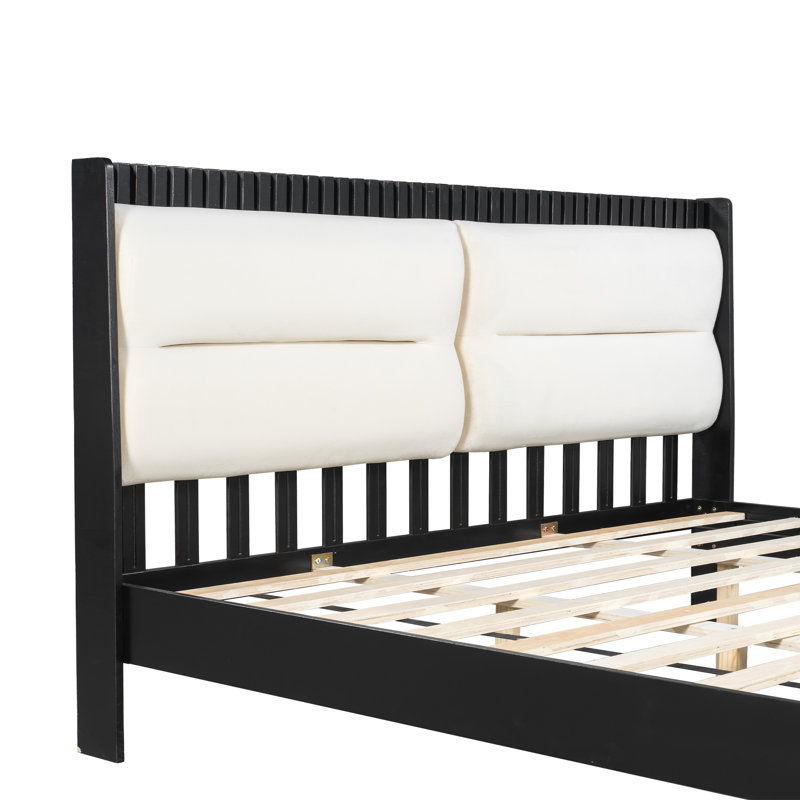Solid Wood King Size Platform Bed Frame With Beige Velvet Upholstered Headboard, No Box Spring Needed, Elegant And Durable