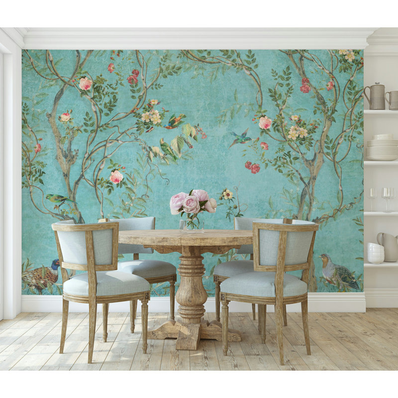 Papier peint floral sarcelle, L 75 po x l 112 po
