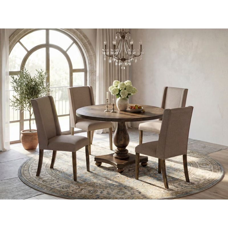 5 Piece Mid Century Modern Dining Set Contains a Modern Dining Table and 4 Dark Khaki Linen Fabric Dining Chairs with High Back - Distressed Jacobean Finish