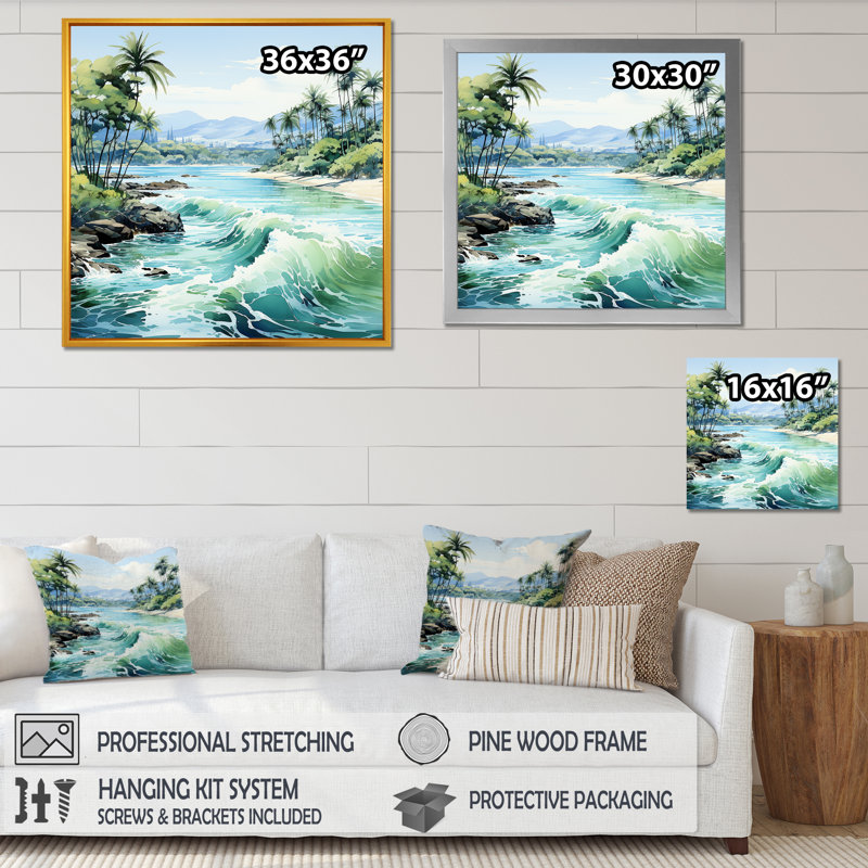 Tropical Beach Escape 3 - art mural bord de mer tropical, H 36 po x l 36 po x P 1,5 po, Cadre simple noir