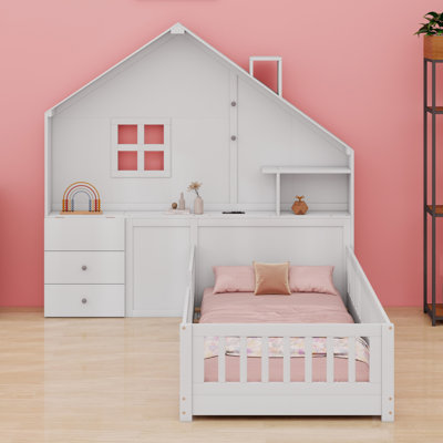House Bed With Window And Bedside Drawers, Platform Bed With Shelves And A Set Of Sockets And USB Port