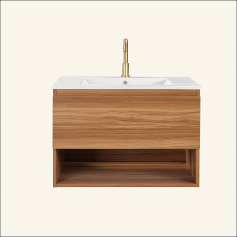 Meuble-lavabo de salle de bain avec lavabo en céramique - Meuble-lavabo mural flottant cannelé avec tiroirs, moderne, 23"