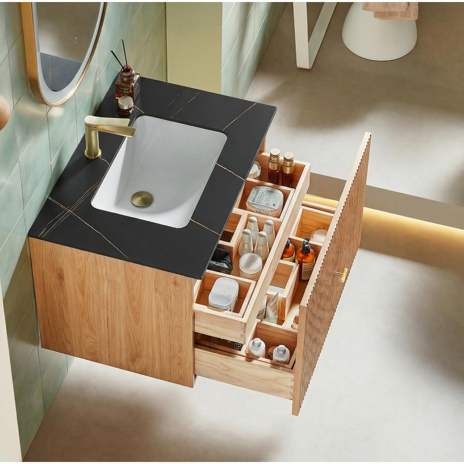 Jamell Single Bathroom Vanity, Black, Natural Oak