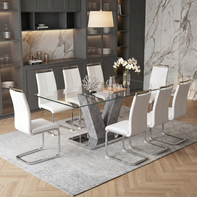 Modern Glam 9-Piece Dining Table Set with Rectangular Tempered Glass and Cantilever Chairs