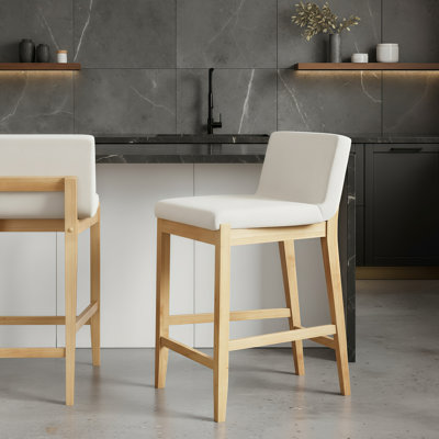 Modern Light Brown Bar Stools With Backrests, PU Cushions, And Brushed Wooden Legs; Simple Yet Sophisticated.