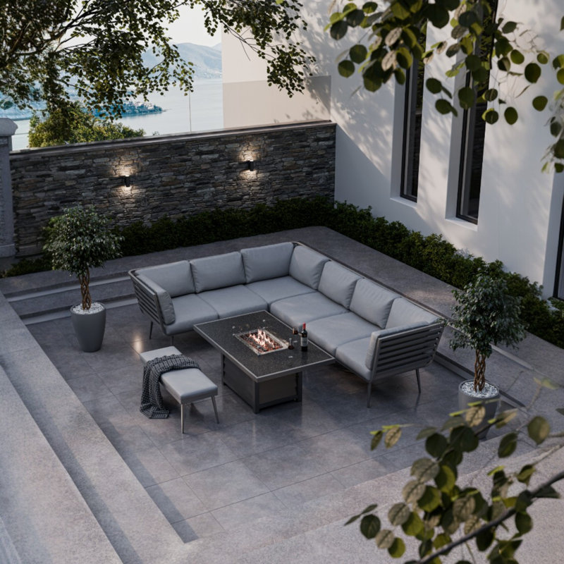 GREY 8 SEATER - 6pc corner lounging set includes, 1 LH & RH sofa bench, 1 middle seat, 1 corner seat & 150x90cm Fire pit table + 1 x 2 seater bench