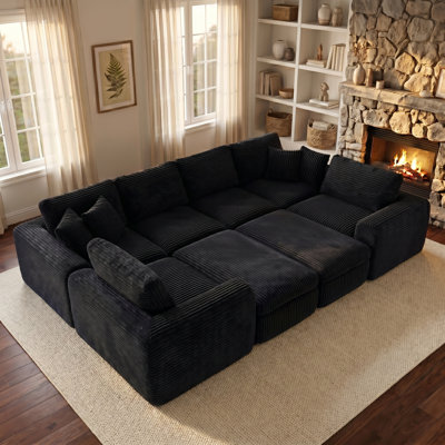 138.2"W Modern 6-Seat Reversible Corduroy Cloud Corner Sectional Sofa, 8-Piece Modular Upholstered Boneless Sofa with Console & 2 Ottomans, Compression Packaged, No Assembly Needed