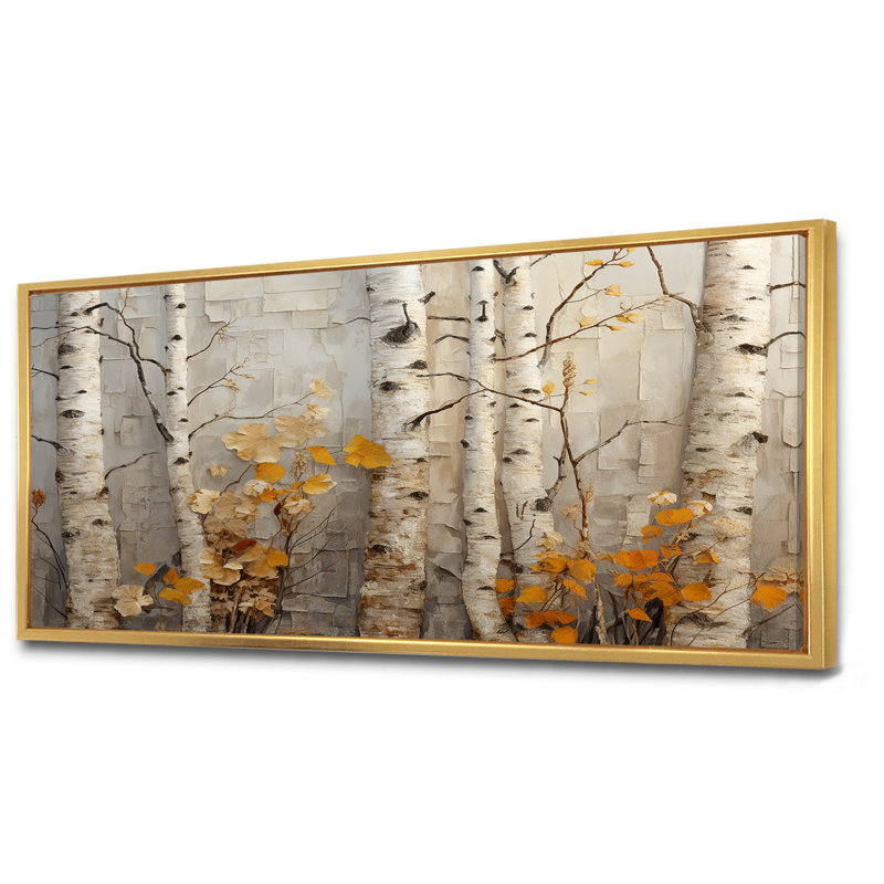 Élégance de bouleau d'automne - art mural grand arbre, Cadre flottant doré, H 28 po x l 60 po x P 1,5 po