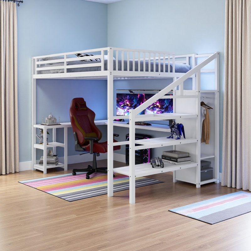 Metal Queen Loft Bed With Wardrobe And LED Light, Queen Size Loft Bed With L Shaped Desk And USB For Kids Teens Adults