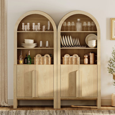 Ensemble de 2 garde-manger arqués de 71 po de hauteur, ensemble de 2 présentoirs en bois avec portes et tablettes réglables, armoire Mid-Century moderne et polyvalente pour la salle à manger, la chambre à coucher