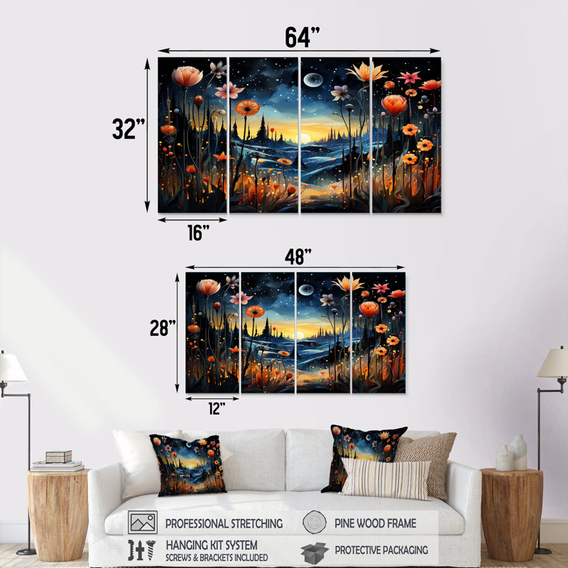 «Fantasy Floral Daydream III - Abstract Landscape», art mural 4 pièces, H 32 po x l 64 po
