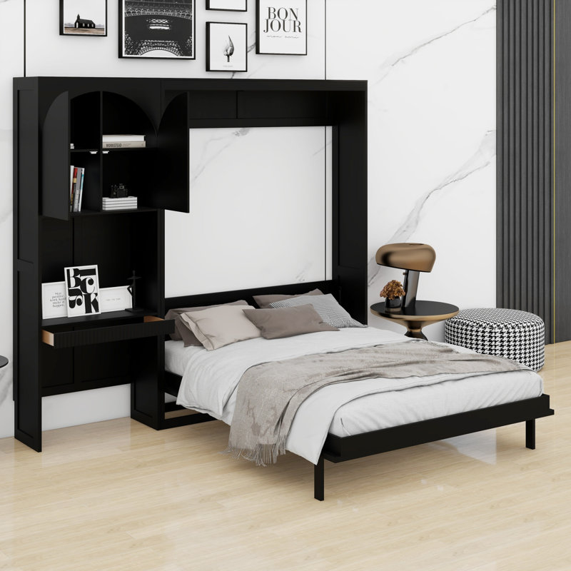 Lit mural peu encombrant avec armoire réversible de gauche à droite, éclairage DEL et tiroir, Black