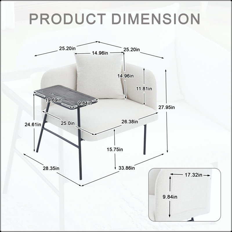 Chaise de loisir avec petite table et poches latérales - Tissu en lin, Lin beige