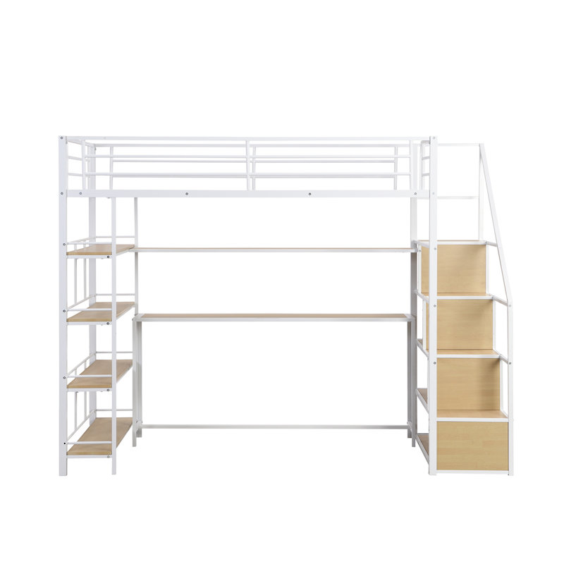 Lit mezzanine simple en métal avec escalier, bureau intégré et tablettes de rangement, blanc