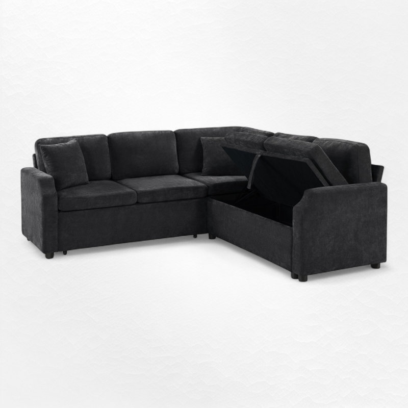 Canapé-lit modulaire en L avec rangement, Chenille noir