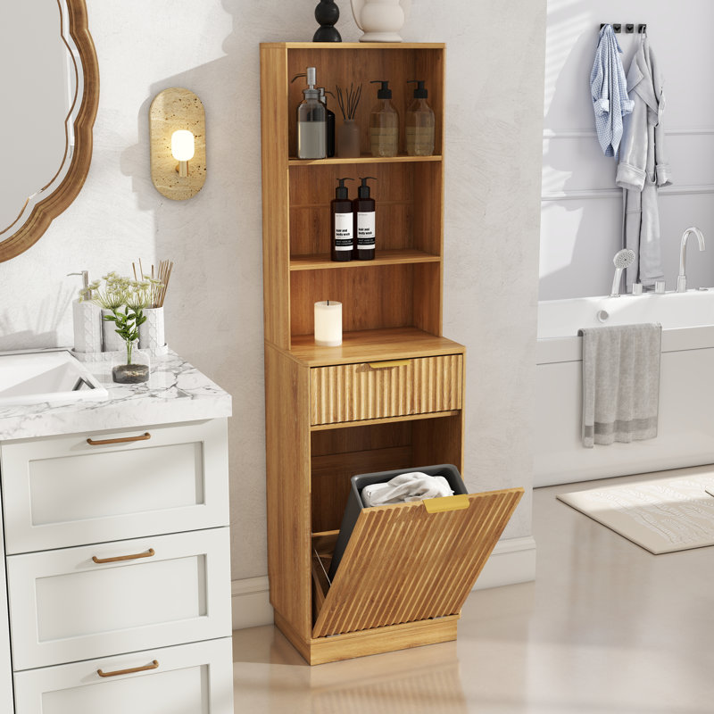 Tall Narrow Fluted Storage Cabinet with Hidden Trash Bin Compartment , Freestanding Cabinet, Fixed Open Shelves & Drawer, Anti‑Tip for Kitchen Home‑Office Living Room (Trash Can NOT Included)