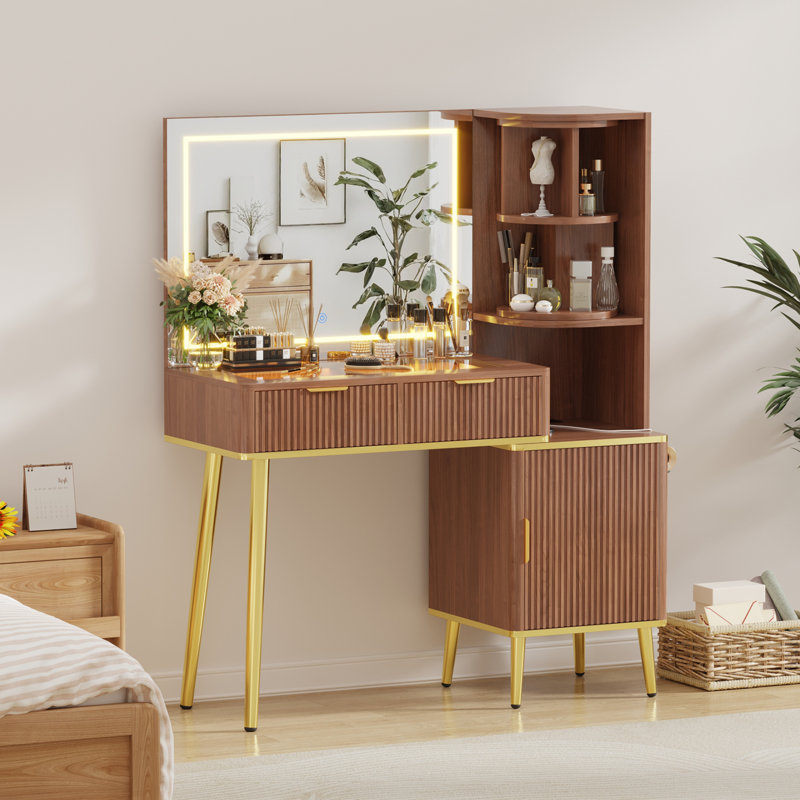  Swivel Makeup Vanity with LED Mirror, 41.7" Modern Dressing Table with 360° Rotating Storage & Tempered Glass Top, Built-in Charging Station and 2 Drawers for Bedroom, Brown