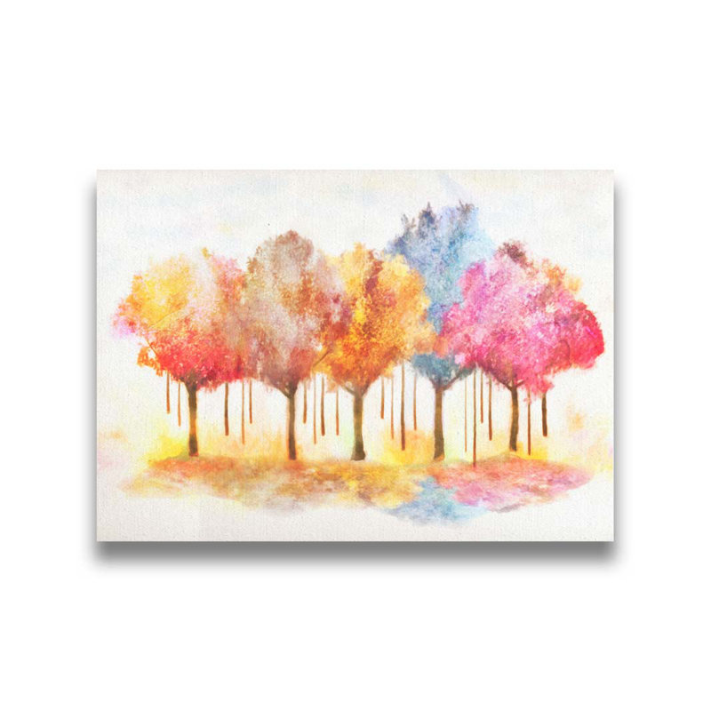 Rangée d'arbres peints par Hal Halli. Impression sur papier - Montée et encadrée, H 34 po x l 44 po