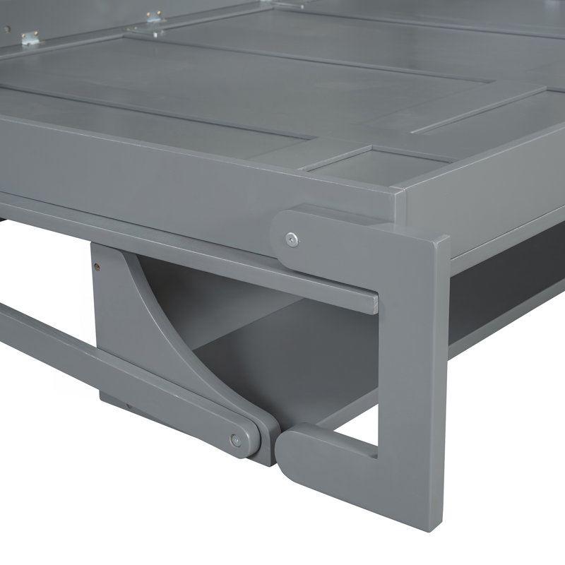 Lit escamotable double avec levage hydraulique, conception de bureau et rangement intégré, gris, peu encombrant et durable