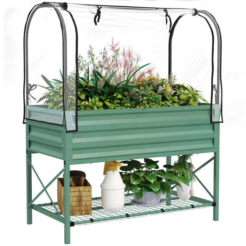 Green Galvanized Steel Raised Garden Bed with Cover and Storage Shelf