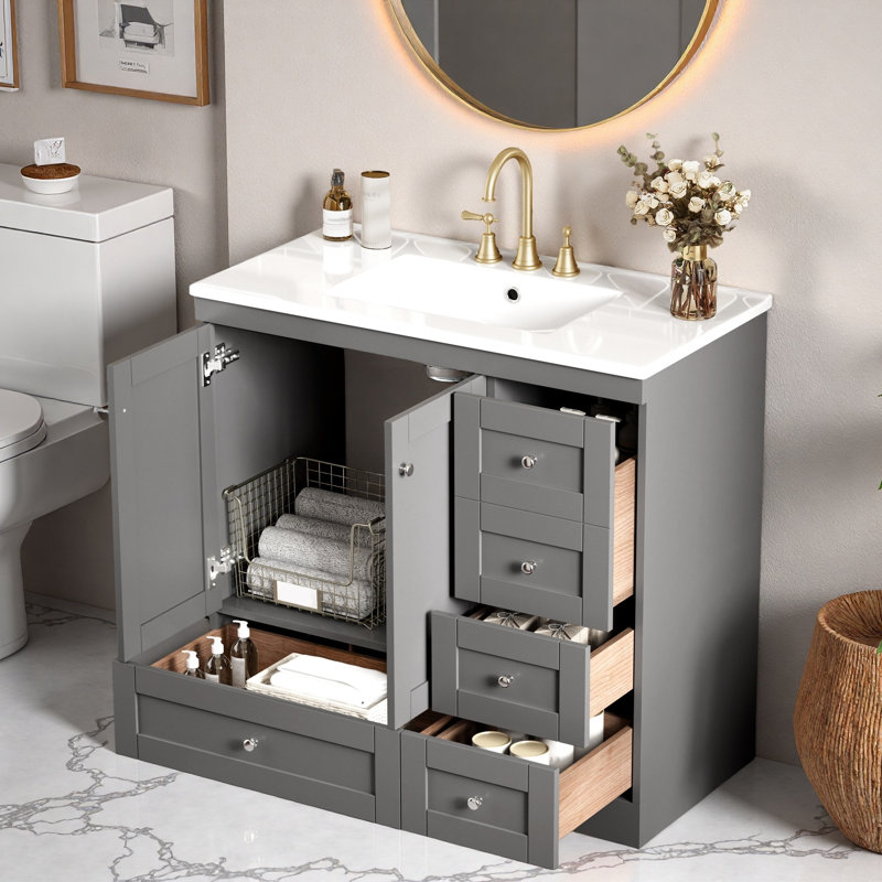 Free-standing Bathroom Vanity Cabinet With Ceramic Sink, 4 Drawers And Cabinet, Gray