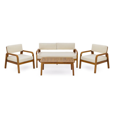 4-Pieces Outdoor Sofa Set with Cushions Outdoor Loveseat & Coffee Table Set,Teak