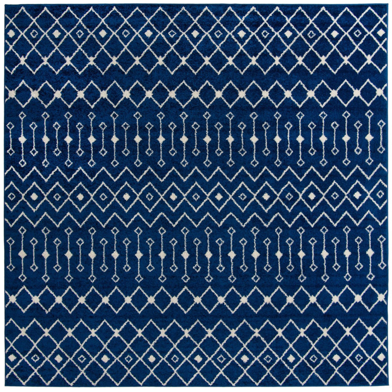 Tapis bleu / blanc en chenille / polyester tissé à la machine Briehn, Carré 10 pi