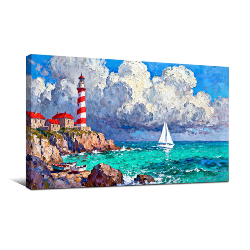 Nautique et plage, phare côtier, voilier, côte rocheuse, ciel nuageux, couleurs vibrantes, scène de bord de mer