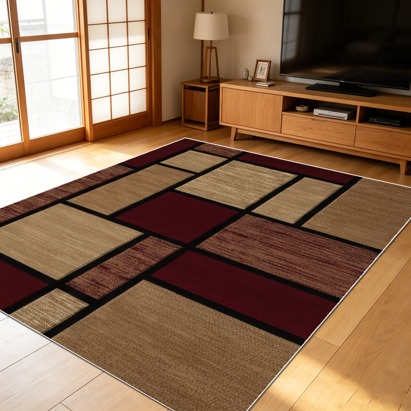 1PC Geometric Burgundy Tan Wood Grain Patchwork area rugs for Living Room, Soft and Comfortable, Suitable for all seasons, easy-to-maintain, machine washable Indoor floor mat, Under Table Farmhouse suitable for Dining Room, Entryway, Bedroom, Home