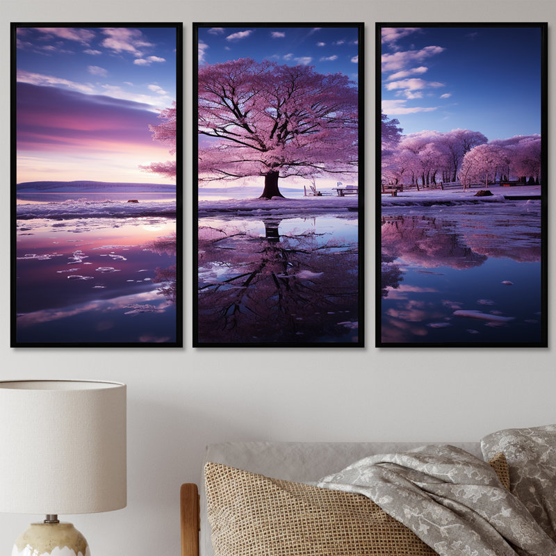 Arbre rose dans le lac, matin de Noël enneigé - rivière, ensemble de salon d'art mural, H 28 po x l 36 po x P 1 po