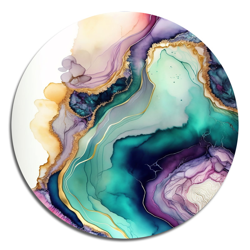 «Green Green Abstract Geode», art mural rond en marbre abstrait sur métal, H 36 po x l 36 po x P 1 po