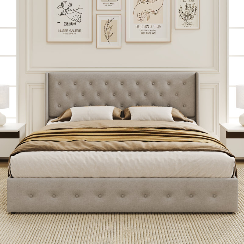 Terae Upholstered Wingback Storage Bed, King, Beige