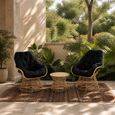 Ensemble de chaises longues pivotantes en osier pour 2 personnes avec table d'appoint ronde