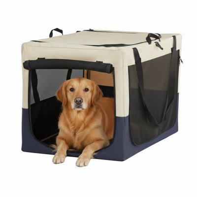 Cage de voyage Canine avec une housse en tissu réglable supportée par un cadre de tuyau en fer spiralé, des coutures renforcées et une conception à 3 portes