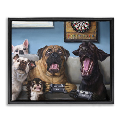 " Funny Dogs Playing Video Games Livingroom Pet Portrait " by Lucia Heffernan