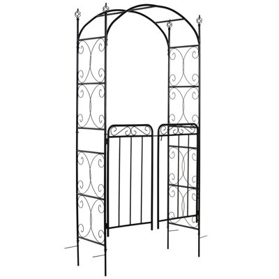 84 Inch Metal Garden Arch with Gate, Decorative Arch Trellis for Climbing Vines, Outdoor Yard Wedding Archway with Flourish Arrow Tips, Black