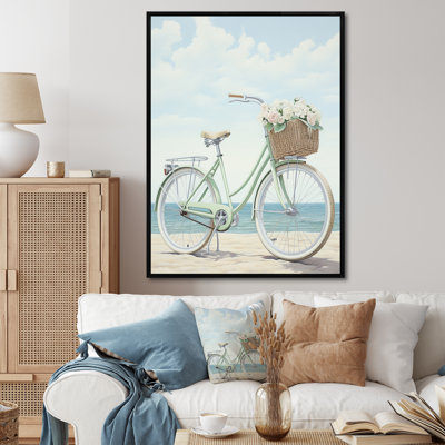 Vélo rétro bleu avec panier sur la plage sur toile