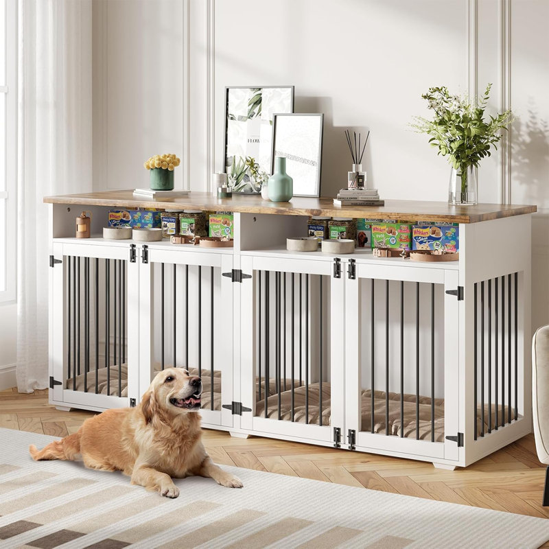 Meuble-cage pour chien, Blanc / Brun, H 35,03 po x l 72 po x P 23,62 po
