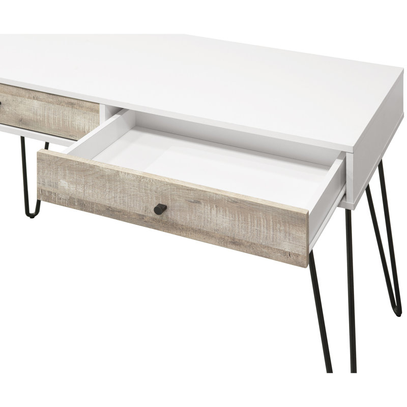 Bureau taupe avec 2 tiroirs de rangement et détails métalliques - Solution gain de place avec tiroirs et étagères ouvertes.