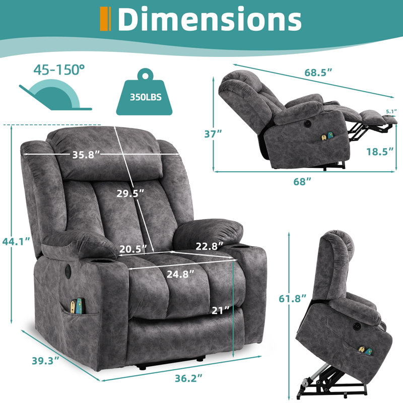 Fauteuil inclinable électrique lève-personne rembourré, Velours gris