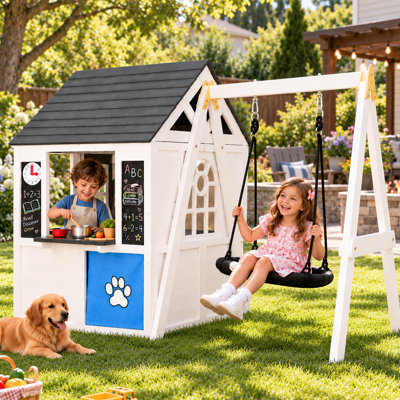 Maisonnette d'extérieur en bois pour enfants avec ensemble de balançoire attenant