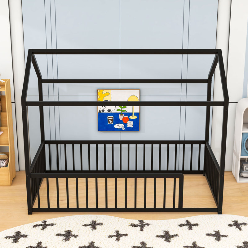 Metal Floor Bed Frame With Fence, Twin, Black
