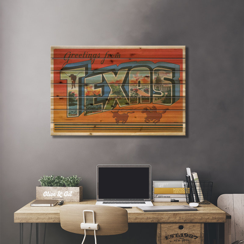 Greetings from Texas V2 par Wild Apple Portfolio - impression sans cadre sur bois, H 18 po x l 26 po x P 1,5 po