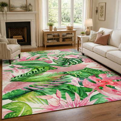 Tapis à motif de feuilles tropicales (1 pièce) - Design botanique aquarelle vibrant, poils courts, lavable, facile d'entretien, grande surface fine, envers antidérapant pour salon, chambre, cuisine et bureau (usage intérieur).
