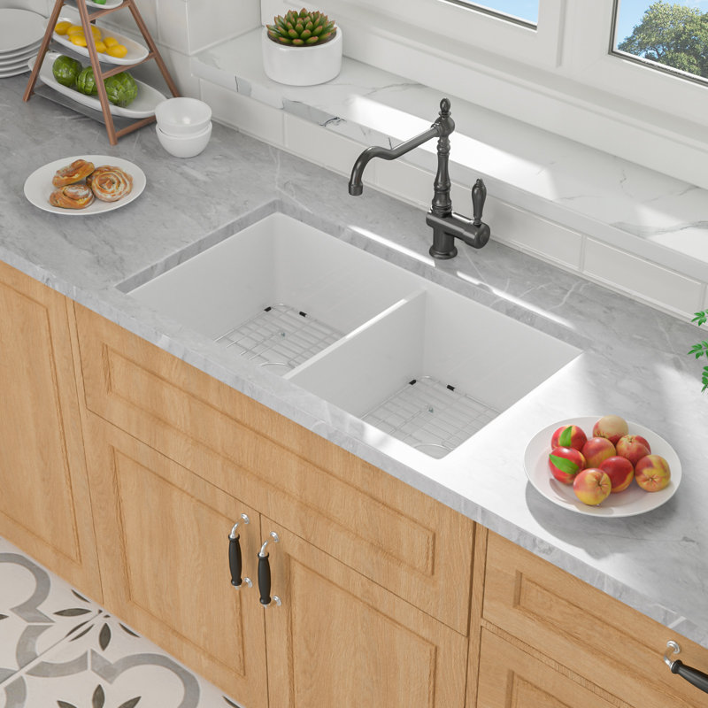32"L x 19"W Undermount/Drop-In Fireclay Kitchen Sink White Porcelain Double Bowl (50/50) Kitchen Sink with Bottom Grid and Basket Strainer
